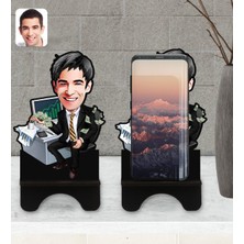 BK Kişiye Özel Erkek Bankacı Karikatürlü Ahşap Biblo Telefon Standı-3