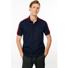 Desen Triko Erkek Polo Yaka Omuzu Şeritli T-Shirt Lacivert