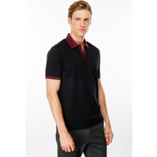 Desen Triko Erkek Polo Yaka Kolu ve Yakası Çizgili T-Shirt Siyah