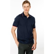Desen Triko Erkek Polo Yaka Yakası Çizgili T-Shirt Lacivert
