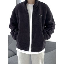 Genius Store Oversize Tam Fermuarlı Kuzu Sweatshirt Içi Polarlı Sherpa Kumaş Sweatshirt Füme2Xl