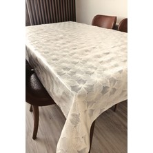 Elegancev Dantel Görünümlü Üstü Şeffaf Kaplı Muşamba Masa Örtüsü -Krem Renk-Ynca-Farklı Ölçülerde