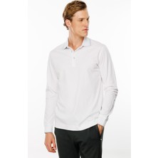 Desen Triko Erkek Polo Yaka Uzun Kollu Sweatshirt Beyaz