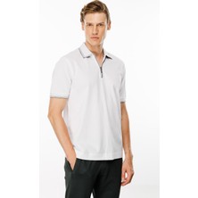 Desen Triko Erkek Polo Yaka Yakası Fermuarlı T-Shirt Beyaz