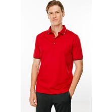Desen Triko Erkek Polo Yaka Yakası Çizgili T-Shirt Kırmızı
