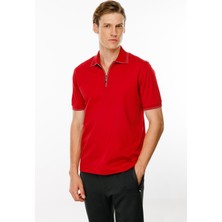 Desen Triko Erkek Polo Yaka Yakası Fermuarlı T-Shirt Kırmızı