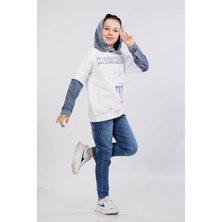 Mornio Erkek Çocuk Üç Ip Kot Detaylı Şardonlu Kapüşonlu Sweatshirt Beyaz MRN7010