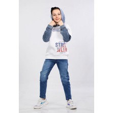 Mornio Erkek Çocuk Üç Ip Kot Detaylı Şardonlu Kapüşonlu Sweatshirt Beyaz MRN7010