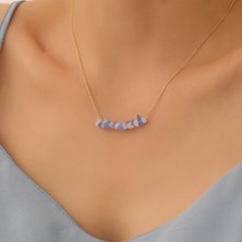 Nox Jewelry 14 Ayar Mikron Altın Kaplama Doğal Mavi Kalsedon ve Kuvars Taşlı Bar Gümüş Kolye - CNS00556