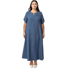 Disentis Modest Büyük Beden Katlamalı Yarım Kollu Apoletli Yırtmaçlı Uzun Indigo Elbise