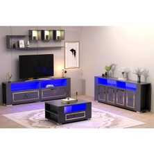 Demonte Home Mobilya Calvindh LED Aydınlatmalı ,spot Işıklı  Tv Ünitesi, Orta Sehpa ve Konsol Salon Takımı Antrasit-Altın