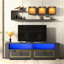 Demonte Home Mobilya Calvindh LED Aydınlatmalı ,spot Işıklı  Tv Ünitesi, Orta Sehpa ve Konsol Salon Takımı Antrasit-Altın