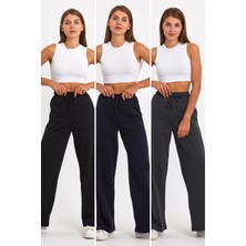 Mmetalic Siyah-Lacivert-Antrasit Kadın Mevsimlik Salaş Geniş Rahat Paça Yan Cepli 3'lü Eşofman Altı