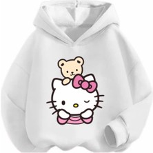 Kids Face Özel Tasarım Kapüşonlu Hello Kitty ve Ayıcığı Baskılı Şardonlu Kışlık Kız Çocuk Sweatshirt