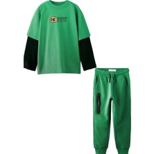 Lolli Boom Kids  Yeni Sezon Erkek Çocuk Oversize Çift Kol Görünümlü Alt Üst Takım Yeşil / Siyah Renk