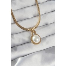 Clariss 316L Çelik Gold Renk Yassı Zincir Inci Taşlı Kolye