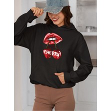 Swozz Cherry Baskılı 3 Iplik Kalın Kışlık Özel Tasarım Kadın Sweatshirt Hoodie