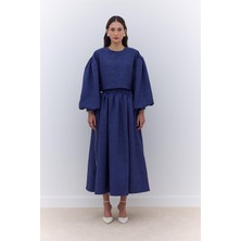 Manuka Inci Detaylı Jakarlı Etek Gece Mavisi