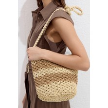 Manuka Çizgili Hasır Mini Çanta Bej