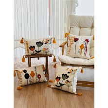 Bugi Home Collection 4’Lü Punch Işlemeli Premium Nakışlı Dal Çiçek Temalı Dekoratif Kırlent Kılıfı