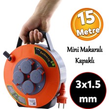 Badem10 Plastik Kapaklı Mini Makaralı Seyyar 3x1.5 mm Cca Monofaze Uzatma Kablosu 4 Priz Ttr Kablo 15 Metre