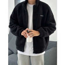 Genius Store Oversize Tam Fermuarlı Kuzu Sweatshirt Içi Polarlı Sherpa Kumaş Sweatshirt Siyah 2Xl