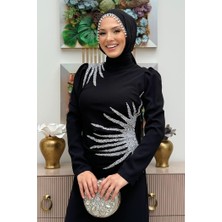 Bym Fashion Omuz ve Bel Kısmı Taş Detaylı Abiye Elbise 3909 Siyah