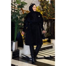Bym Fashion Bel Kuşaklı Yaka Taş Broş Detaylı Kaban 7874 Siyah