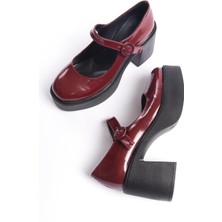 Modabuymus Biza Bordo Rugan Mary Jane Ayakkabı Kalın Platform Topuklu Sandalet