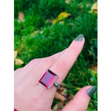 Canka Dikdörtgen Kırmızı Zirkon Taş Gümüş Yüzük