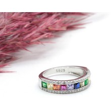 Canka İthal Renkli Baget Taşlı Gümüş Yüzük