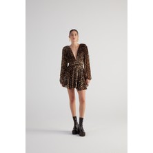 Holly Lolly Leopar Desenli V Yaka Mini janet elbise Kahve