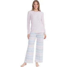 U.s Polo Assn. 17096 Kadın Delikli Polar Waffle Kumaş  Uzun Kollu Geniş Paça Pijama Takım-Pembe