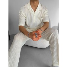 Erkek Oversize Önü Cepli Desenli Yarım Pat Küba Yaka T-Shirt Ekru