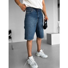 Abluka Online Erkek Baggy Fit Yıkamalı Jean Şort Lacivert