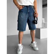 Abluka Online Erkek Baggy Fit Yıkamalı Jean Şort Lacivert