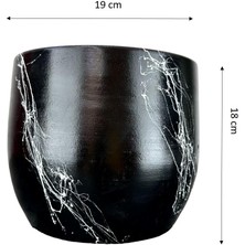 Bitki Tasarımı Siyah Üzeri Beyaz Mermer Efektli Toprak Saksı Saksılık Salon Çiçeklik - 19 CM