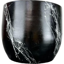 Bitki Tasarımı Siyah Üzeri Beyaz Mermer Efektli Toprak Saksı Saksılık Salon Çiçeklik - 19 CM