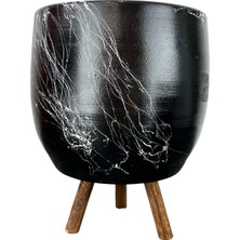 Bitki Tasarımı Siyah Üzeri Beyaz Mermer Efektli Toprak Saksı Saksılık Salon Çiçeklik 3 Ayaklı - 19 CM