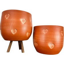 Bitki Tasarımı Kalp Desenli Toprak Saksı Saksılık Salon Çiçeklik İkili Set Ayaksız - 3 Ayaklı- 19 CM