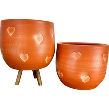 Bitki Tasarımı Kalp Desenli Toprak Saksı Saksılık Salon Çiçeklik İkili Set Ayaksız - 3 Ayaklı- 19 CM