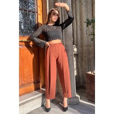 Julude Kahve Yüksek Bel Pileli Kadın Bol Kesim Kumaş Pantolon P-00009956