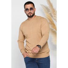 Bej Erkek Bisiklet Yaka Desenli Triko Kazak P-00005896