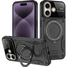 Denza Case Apple iPhone 16 Kılıf Lens Korumalı Yüzüklü Armor Kapak - Siyah