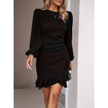 Sosostyle Kadın Uzun Kollu Bisiklet Yaka Önden Volanlı Ithal Krep Elbise