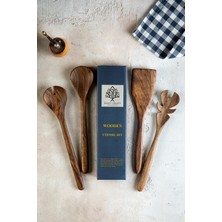 Tekno Trust Ceviz Ağacı El Yapımı 4 Parça Mutfak Seti, Tahta Kaşık, Çatal, Spatula, 30 cm