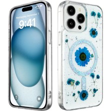 Denza Case Apple iPhone 16 Pro Max Kılıf Hologram Renkli Çiçekli Simli Magsafe Kapak - Mavi