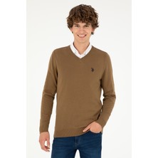 U.S. Polo Assn. Erkek Slim Fit V Yaka Haki Melanj Basic Kazak 50293512-VR125