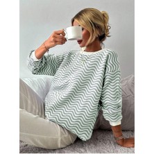 Bisiklet Yaka Dalga Desenli Triko Kazak Mint