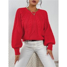 Saç Örgülü Bisiklet Yaka Italyan Kol Triko Kırmızı Kazak